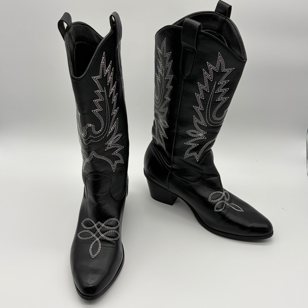 Black Western Cowgirl Boots White Contrast Stitch Pointed Toe Block Heel Size 40